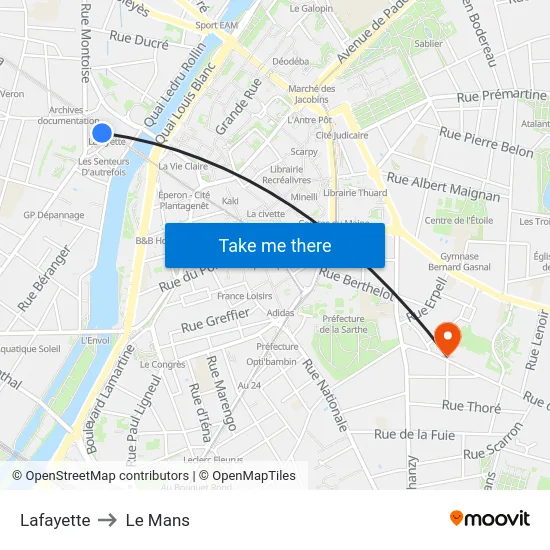 Lafayette to Le Mans map