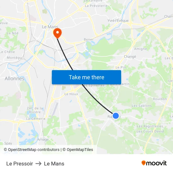 Le Pressoir to Le Mans map