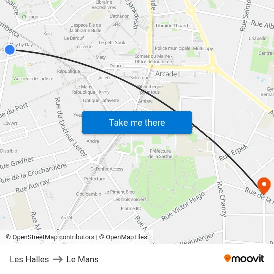 Les Halles to Le Mans map