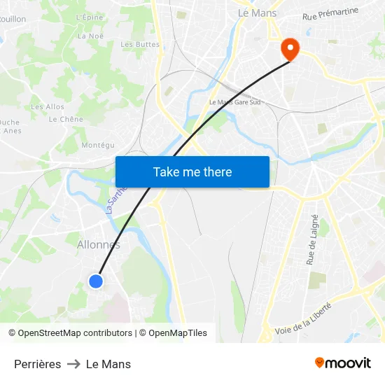 Perrières to Le Mans map