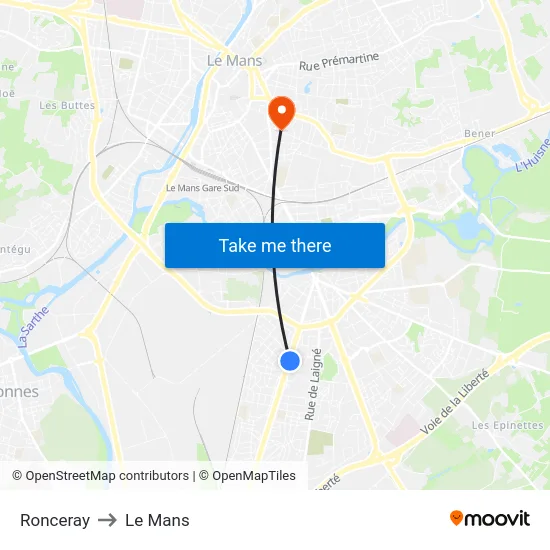 Ronceray to Le Mans map