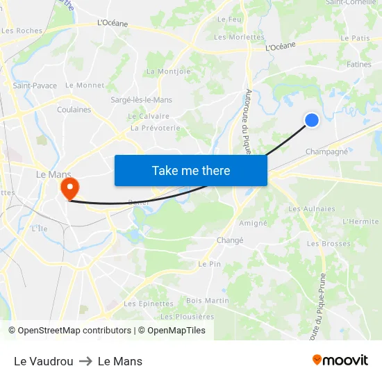 Le Vaudrou to Le Mans map