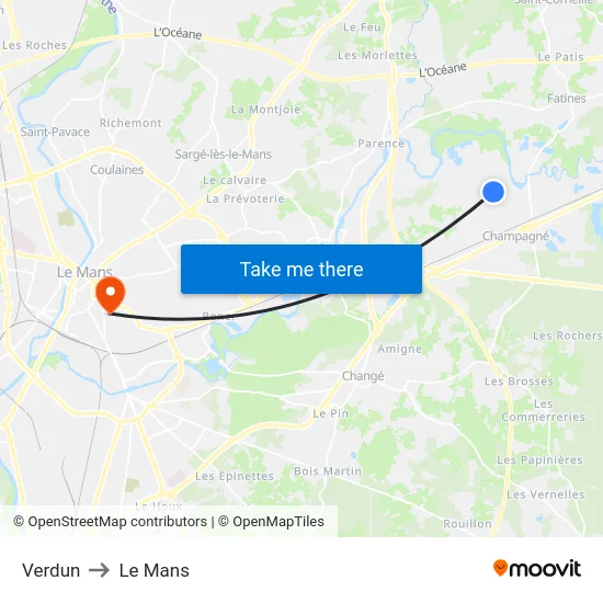Verdun to Le Mans map