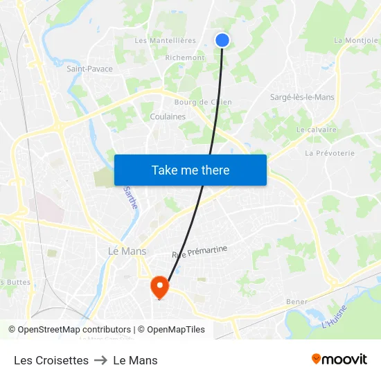 Les Croisettes to Le Mans map