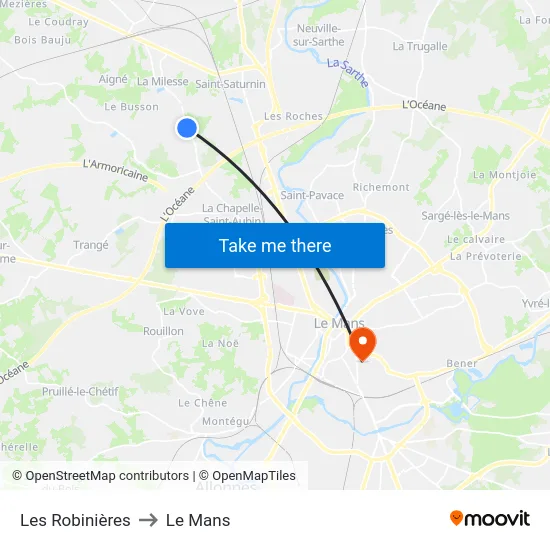 Les Robinières to Le Mans map