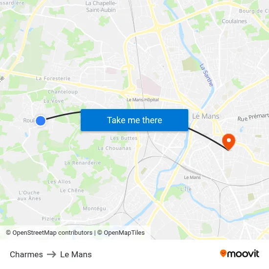 Charmes to Le Mans map