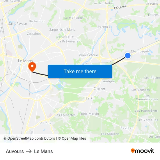 Auvours to Le Mans map