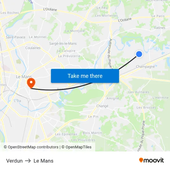 Verdun to Le Mans map