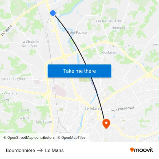 Bourdonnière to Le Mans map