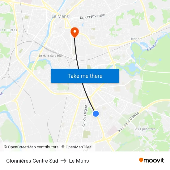 Glonnières-Centre Sud to Le Mans map