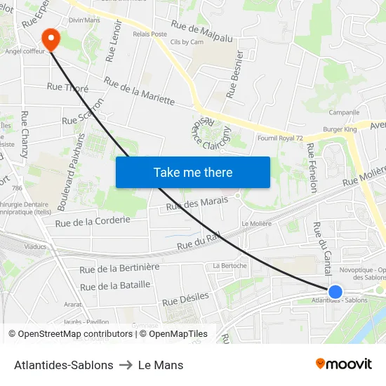 Atlantides-Sablons to Le Mans map
