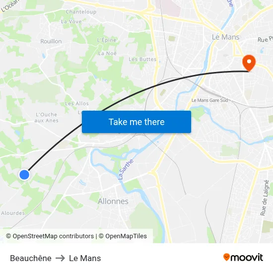 Beauchêne to Le Mans map