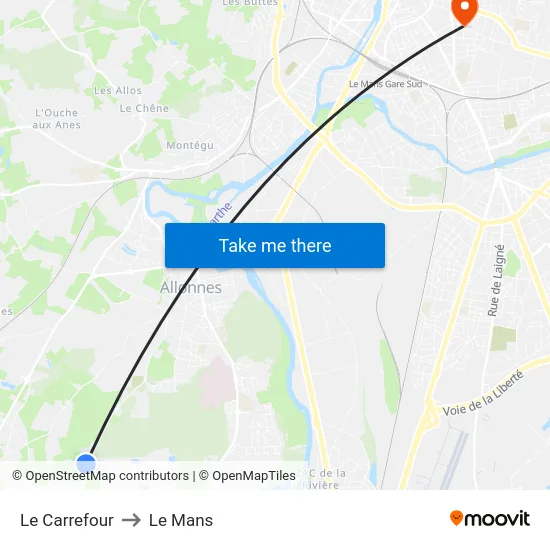 Le Carrefour to Le Mans map