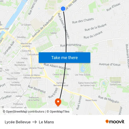 Lycée Bellevue to Le Mans map