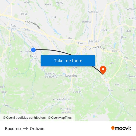 Baudreix to Ordizan map