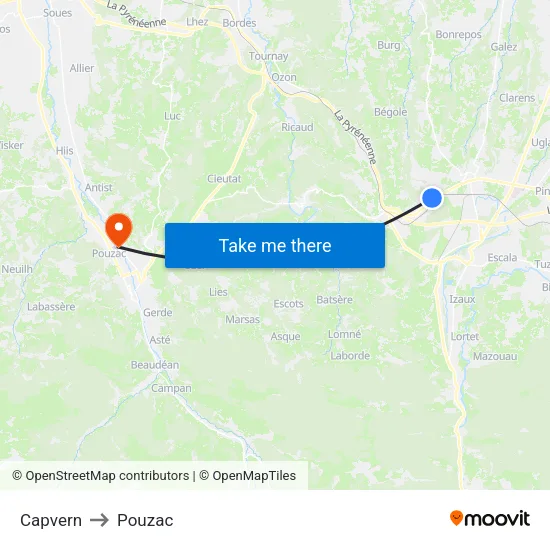 Capvern to Pouzac map