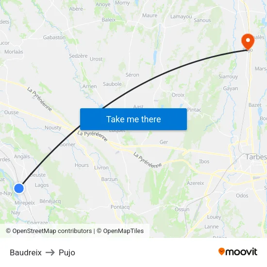 Baudreix to Pujo map