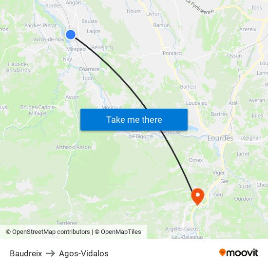 Baudreix to Agos-Vidalos map