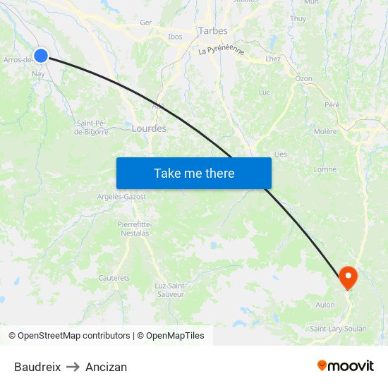 Baudreix to Ancizan map