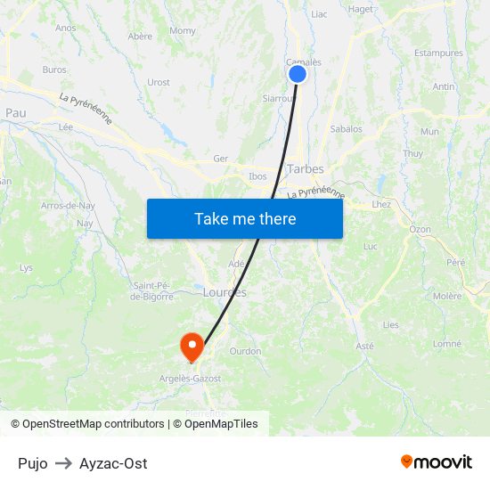 Pujo to Ayzac-Ost map