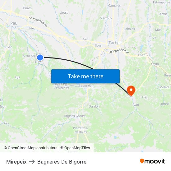 Mirepeix to Bagnères-De-Bigorre map
