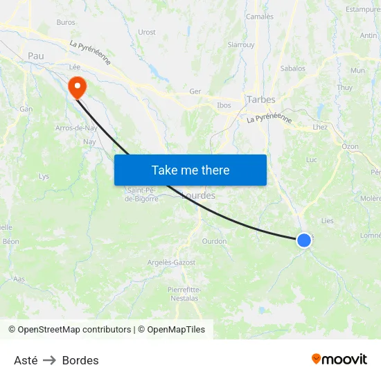 Asté to Bordes map