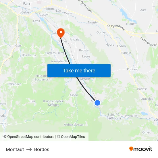 Montaut to Bordes map