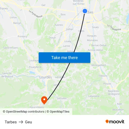 Tarbes to Geu map