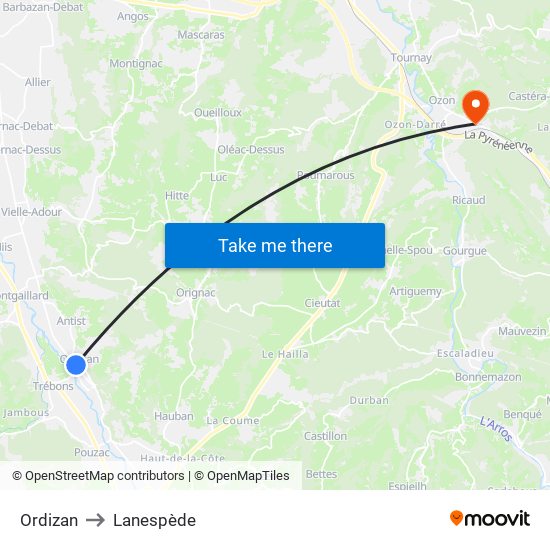 Ordizan to Lanespède map