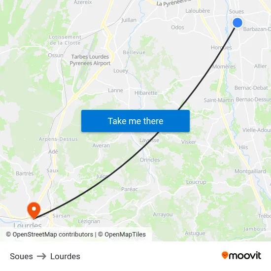 Soues to Lourdes map