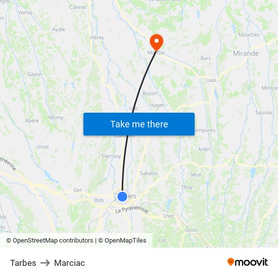 Tarbes to Marciac map