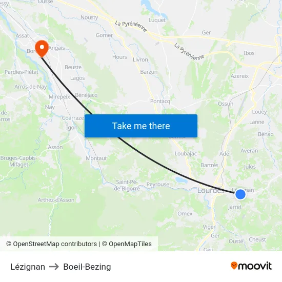Lézignan to Boeil-Bezing map