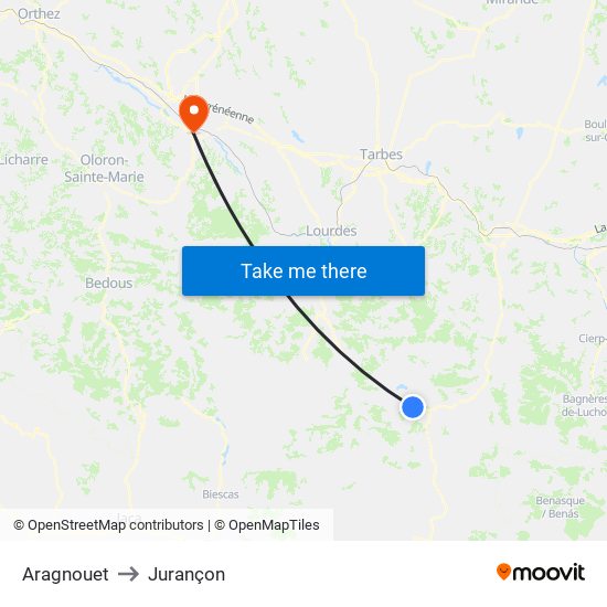 Aragnouet to Jurançon map