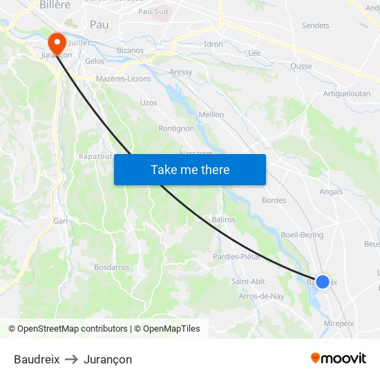 Baudreix to Jurançon map