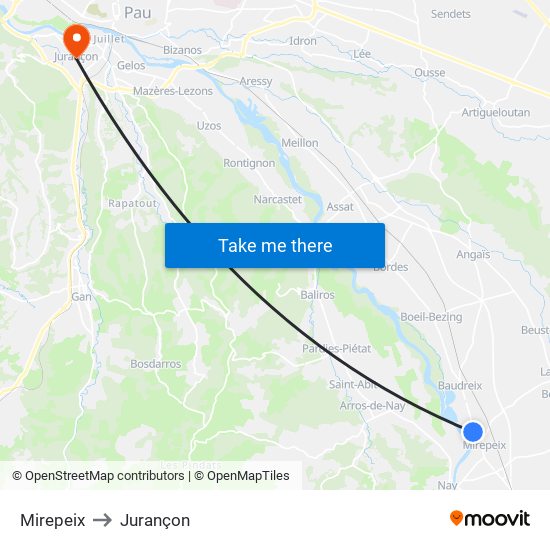 Mirepeix to Jurançon map