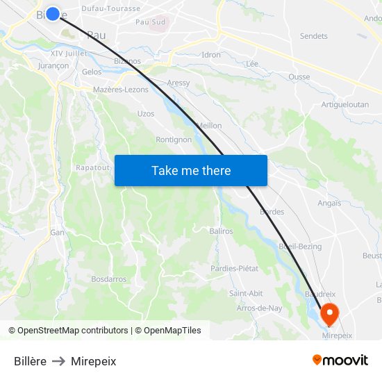 Billère to Mirepeix map