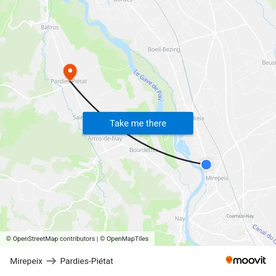 Mirepeix to Pardies-Piétat map