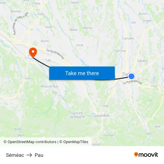 Séméac to Pau map