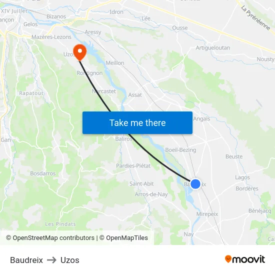 Baudreix to Uzos map