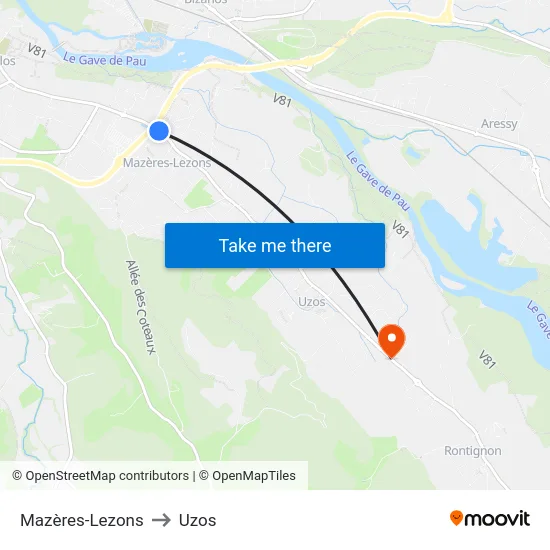 Mazères-Lezons to Uzos map