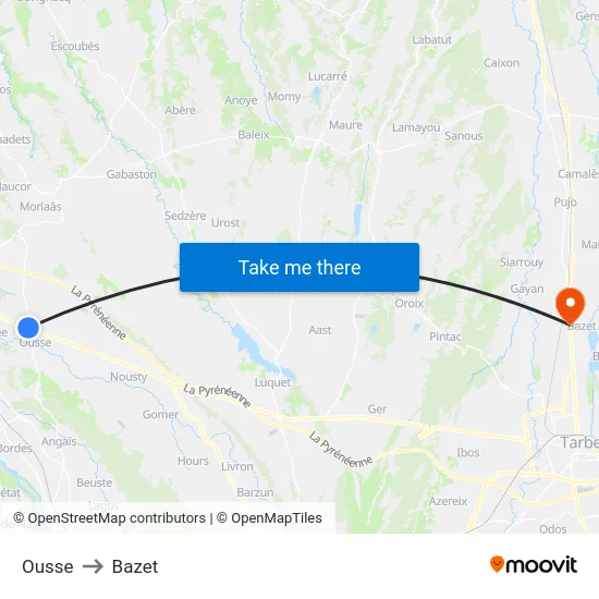 Ousse to Bazet map
