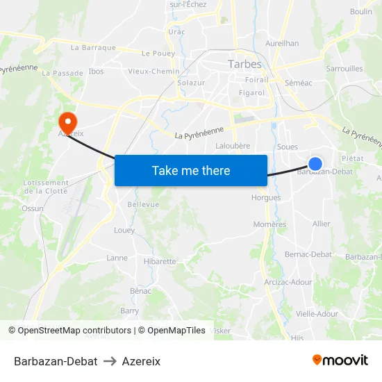 Barbazan-Debat to Azereix map