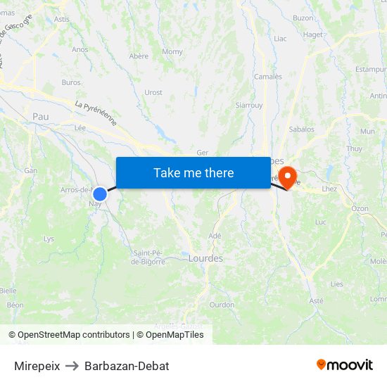 Mirepeix to Barbazan-Debat map