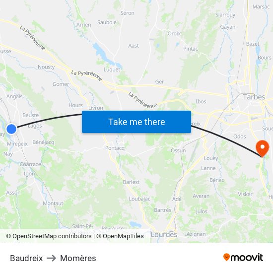 Baudreix to Momères map