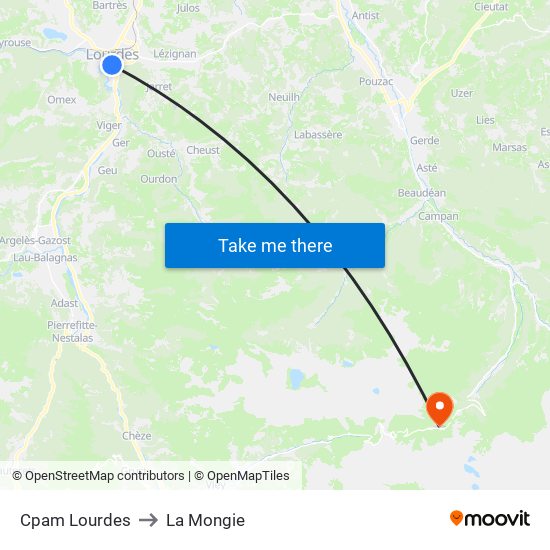 Cpam Lourdes to La Mongie map