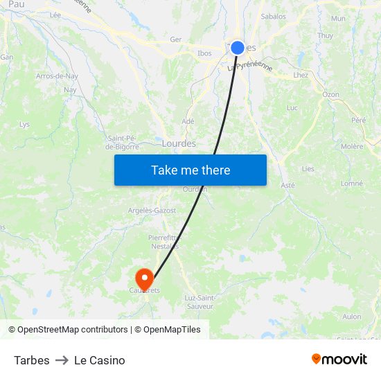 Tarbes to Le Casino map