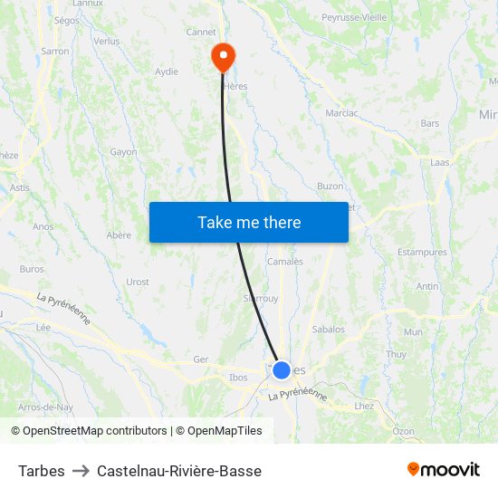 Tarbes to Castelnau-Rivière-Basse map