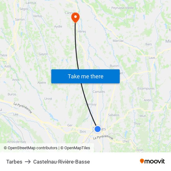 Tarbes to Castelnau-Rivière-Basse map