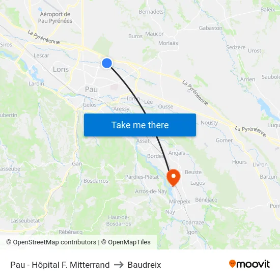 Pau - Hôpital F. Mitterrand to Baudreix map