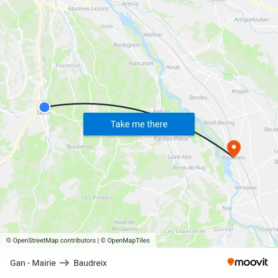 Gan - Mairie to Baudreix map